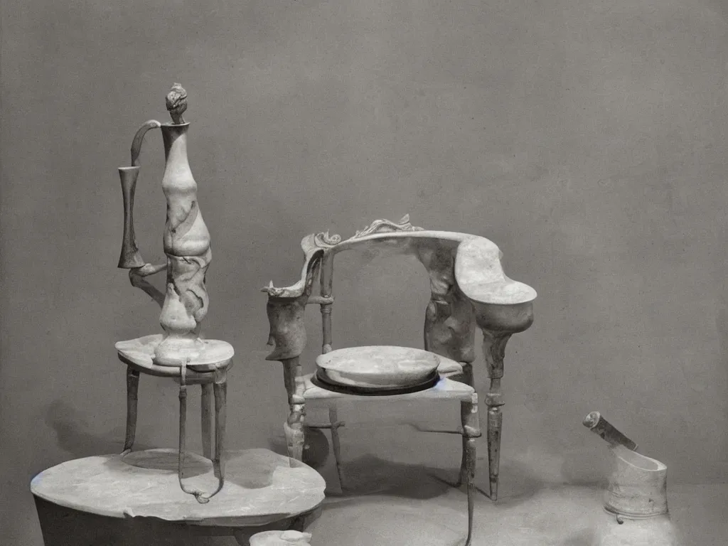 Prompt: renaissance marble chair with vase, pot, jug. karl blossfeldt, salvador dali
