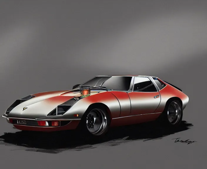 Image similar to a blending, amalgamation and detailed combination of a lamborghini countach, datsun 2 6 0 z and a jaguar e - type, concept art, very round headlights, long front end, 8 k, highly detailed, trending on art station, dramatic lighting