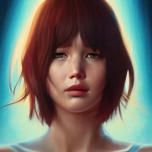 Image similar to jennifer lawrence portrait as manga girl, realistic shaded perfect face, fine details. anime. realistic shaded lighting poster by ilya kuvshinov katsuhiro otomo ghost - in - the - shell, magali villeneuve, artgerm, jeremy lipkin and michael garmash and rob rey