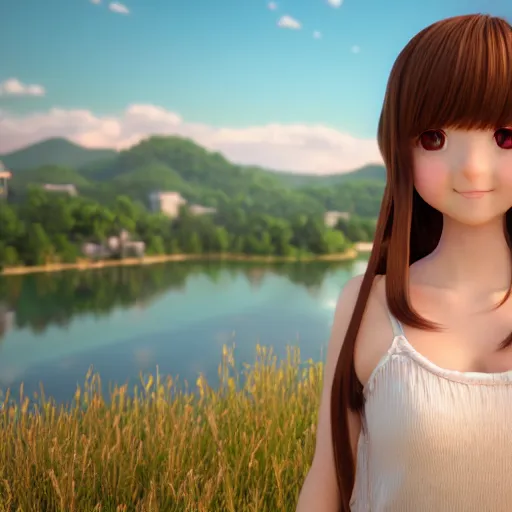 Prompt: Render of a very beautiful 3d anime girl, long hair, hazel eyes, cute freckles, full round face, short smile, cute sundress, golden hour, serene lake setting, medium shot, mid-shot, highly detailed, trending on Artstation, Unreal Engine 4k