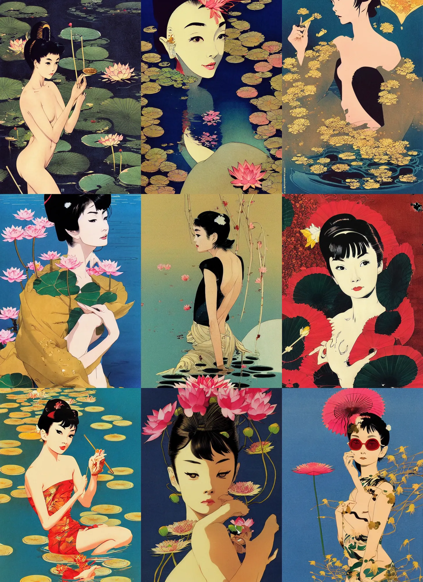 Prompt: japanese audrey hepburn emerging from gold pond with lotus flowers in ukiyoe theme by peter andrew jones and conrad roset, rule of thirds, seductive look, beautiful