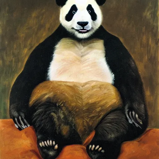 Image similar to oil painting portrait by lucien freud of a panda.