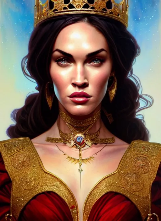 Image similar to portrait of megan fox as a queen, throne, jewelry, greek, ruby, intricate, headshot, highly detailed, digital painting, artstation, concept art, sharp focus, cinematic lighting, illustration, art by artgerm and greg rutkowski, alphonse mucha, cgsociety