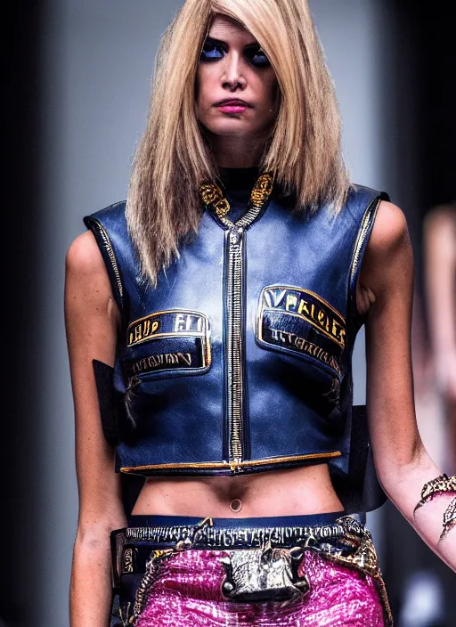 Image similar to hyperrealistic and heavy detailed versace runway show of judge dredd, leica sl 2 5 0 mm, vivid color, high quality, high textured, real life