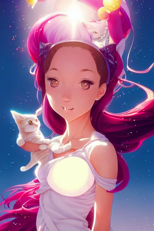 Prompt: bubbly lovely hopefully magical girl flying to the sun set with her kitty, occlusion shadow, specular reflection, rim light, unreal engine, artgerm, artstation, art by hiroaki samura and ilya kuvshinov and ossdraws, high quality, intricate detailed 8 k, fantasy illustration, extremely beautiful and aesthetic shape of face and body, movie poster