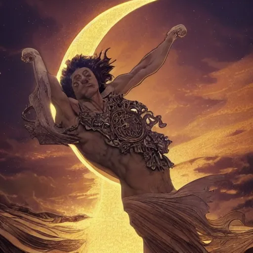 Image similar to the image of a man with outstretched arms between the moon and the sun and a thousand stars ultra realistic, concept art, intricate details, serious, highly detailed, photorealistic, octane render, 8 k, unreal engine, art by todd mcfarlane and artgerm and greg rutkowski and alphonse mucha