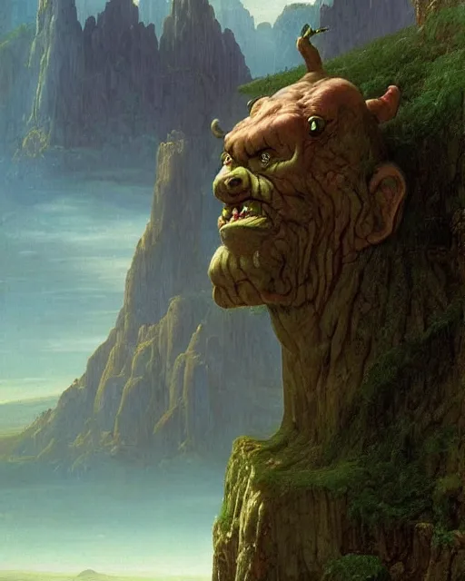 Image similar to a giant troll standing in a hilly landscape, detailed face. Realistic painting by Thomas Cole and Wayne Barlowe