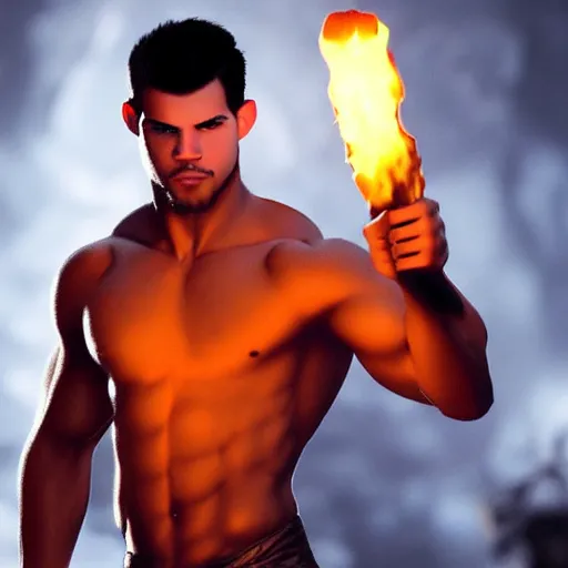 Prompt: Muscular Taylor Lautner wearing a fur barbarian tunic holding a glowing fire torch. In a dark cave. Trending on Artstation, octane render, ultra detailed, art by Ross tran