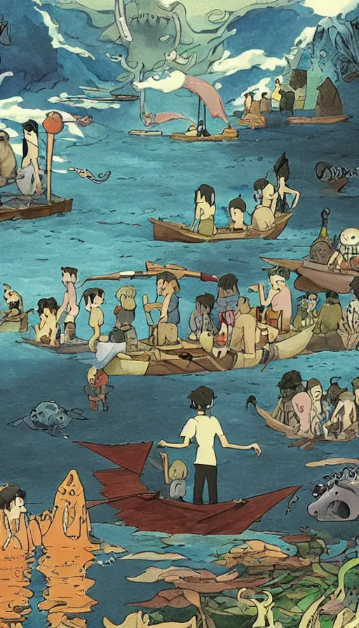 Image similar to man on boat crossing a body of water in hell with creatures in the water, sea of souls, by studio ghibli