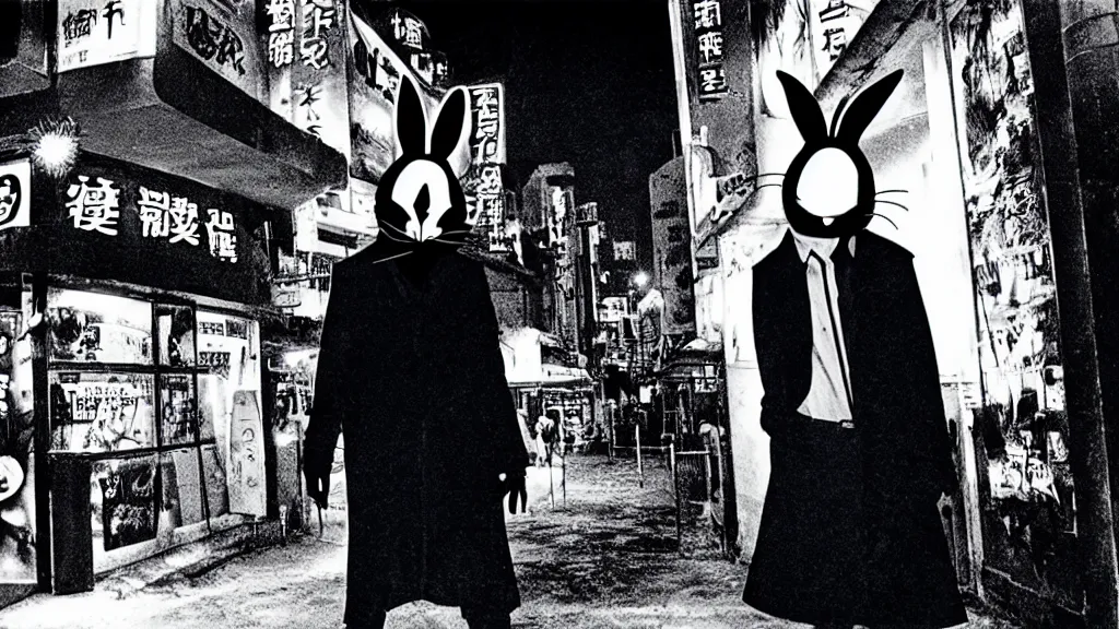 Prompt: a man in a trench coat wearing a black rabbit mask in front of a night club, film still from the an anime directed by Katsuhiro Otomo with art direction by Salvador Dalí, wide lens