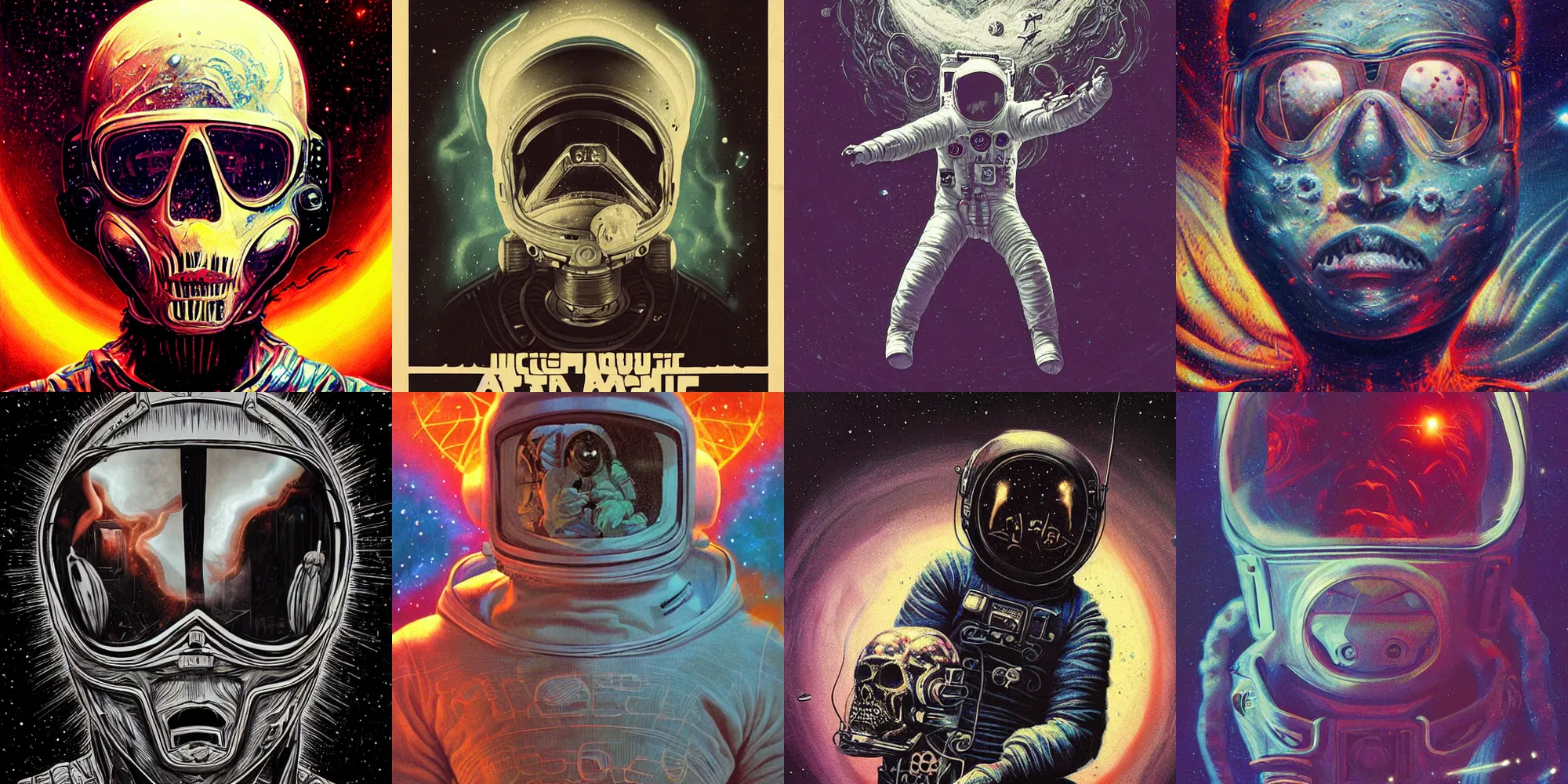 Prompt: astronaut, horror poster 9 0 s, cosmic horror, abstract, ghostly, arcade, duotone, poltergeist, lets get weird, intricate, elegant, highly detailed, digital painting, artstation, smooth, sharp focus, art by mondo, julian del rey and greg rutkowski, david la chapelle,