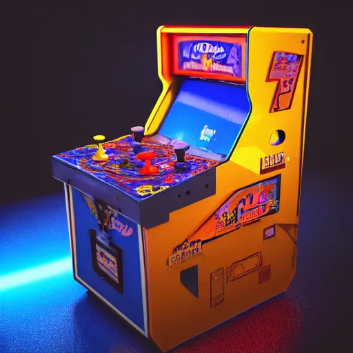 Image similar to 1990s arcade machine, octane render, unreal engine, digital art, Artstation, Trending on Artstation, Artstation HQ, Artstation HD, cgsociety, Pinterest, 8k , close up to the screen, wide angle, godrays, volumetric, reflections, cinematic, epic, coherent, 3D Render,