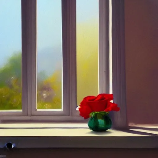 Image similar to A painting of a windowsill with flowers. Red rose. Blue violets. The natural light from the window would be shining in on the scene. Trending on artstation