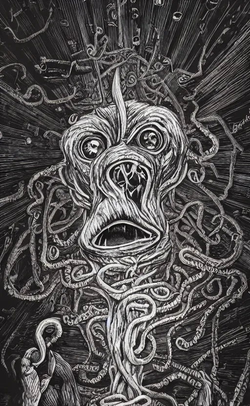 Prompt: portrait of lovecraftian elmo in the middle of it, surrounded by beams of light dark background by wayne barlow, stanley donwood, anton semenov, zdzislaw bekinski, hr giger, 8 k, fantasy, dark, highly detailed