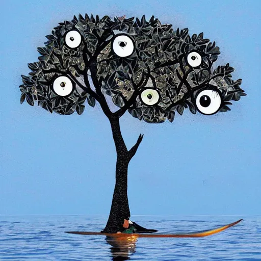 Image similar to mango tree full of eyes wearing a tuxedo while floating on the sea