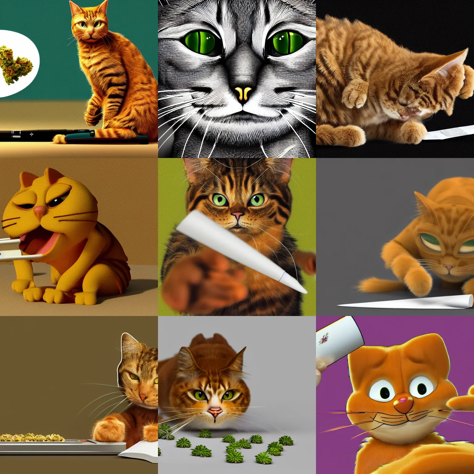 Prompt: 8k render detailed symmetrical coherent Garfield the cat rolling a joint of marijuana