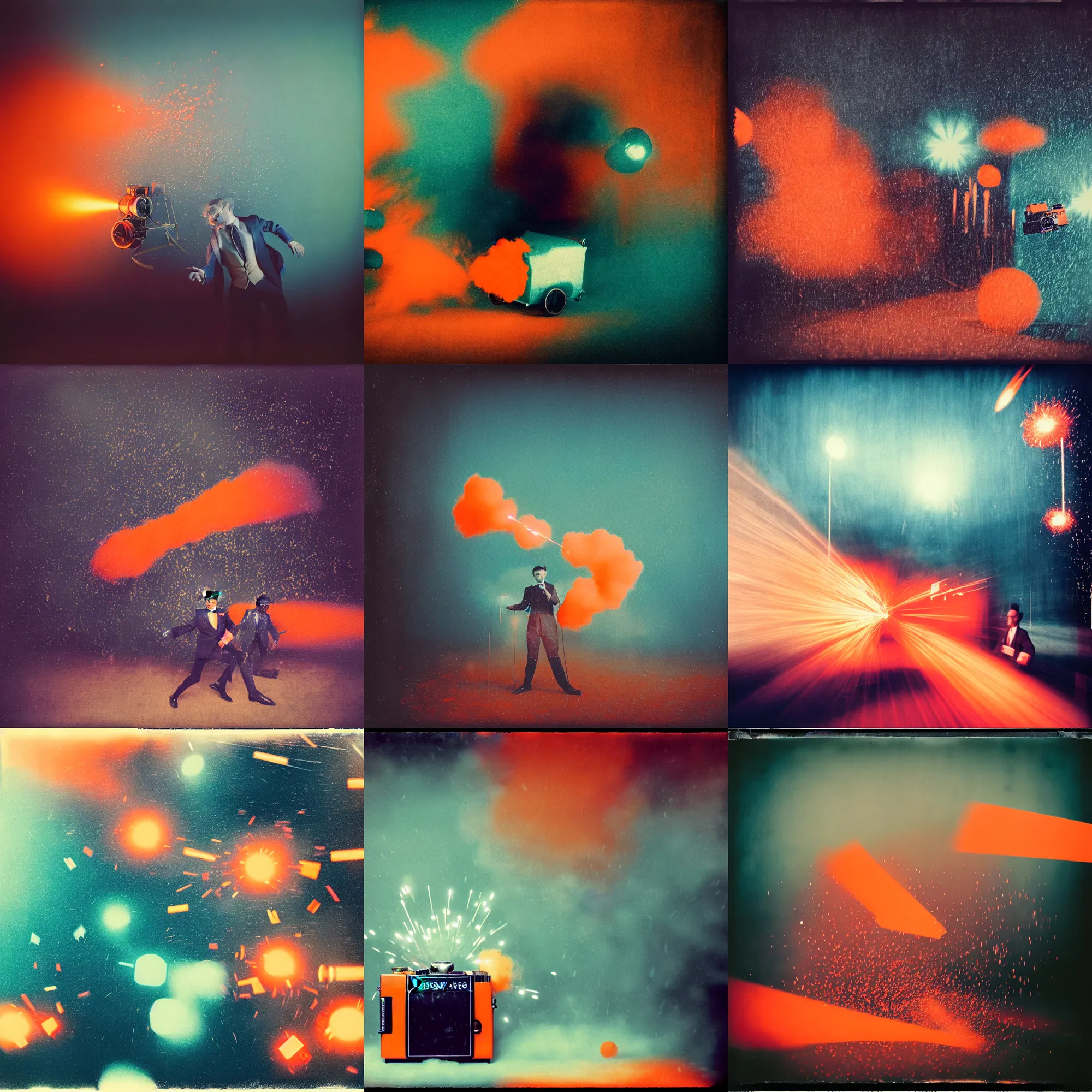 Image similar to kodak portra 4 0 0, wetplate, muted colours, blueberry and orange and teal, a clockwerk orange, 1 9 2 0 s style, motion blur, portrait photo of a backdrop, explosions, rockets, bombs, sparkling, snow, fog, by georges melies and by britt marling