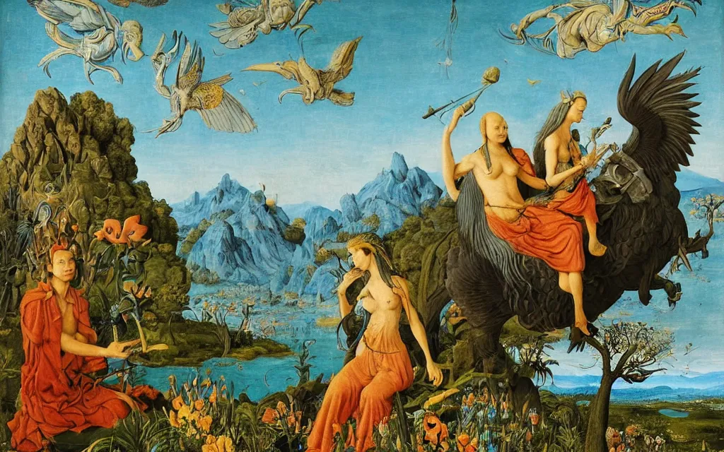Prompt: a portrait photograph of a meditating harpy and a centaur king riding eagles and hunting at a river delta. surrounded by bulbous flowers and trees. mountain range under a blue sky of fiery stars. by jan van eyck, max ernst, ernst haeckel, ernst fuchs and artgerm, artstation, daily deviation, 8 k
