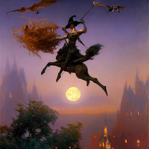 Image similar to witch flying, trough the night, fantasy, full moon in background. highly detailed painting by gaston bussiere, craig mullins, j. c. leyendecker 8 k