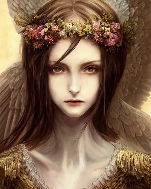 Image similar to an infinitely detailed portrait of a frail and pale female peace angel elegantly. fully - clothed full - body, beautiful! scenery art!! coherent! by wlop & murata range, victorian armor trim, cold color palette, artstation / pixiv!! elegantly armored angel portrait full - body, dreamy art