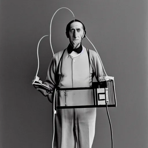 Image similar to a minimalist portrait of Marcel Duchamp holding computer cables in the style of Marcel Duchamp, Da Vinci, Irving Penn, Hito Steyerl, wide angle, monochrome, futuristic