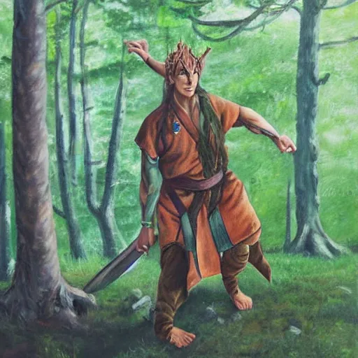 Prompt: a realistic painting of an elven martial artist in the woods