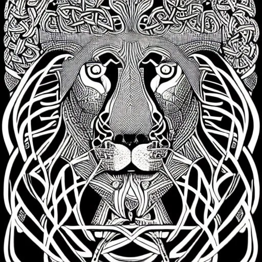 Image similar to an intricate lion designed by mc escher, line art, celtic, illustration