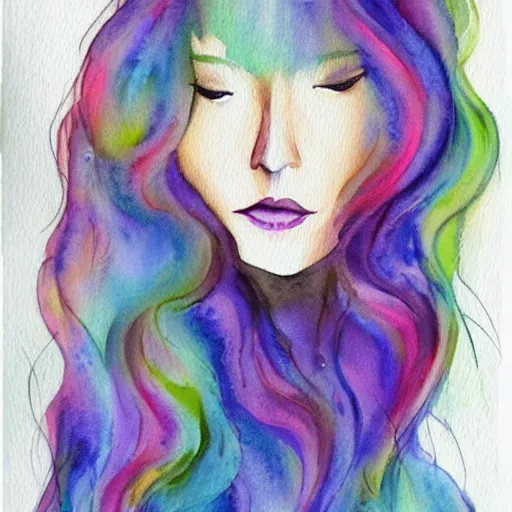 Prompt: watercolor of a beautiful woman with iridescent translucent hair, her eyes are closed, hair is floating, ethereal