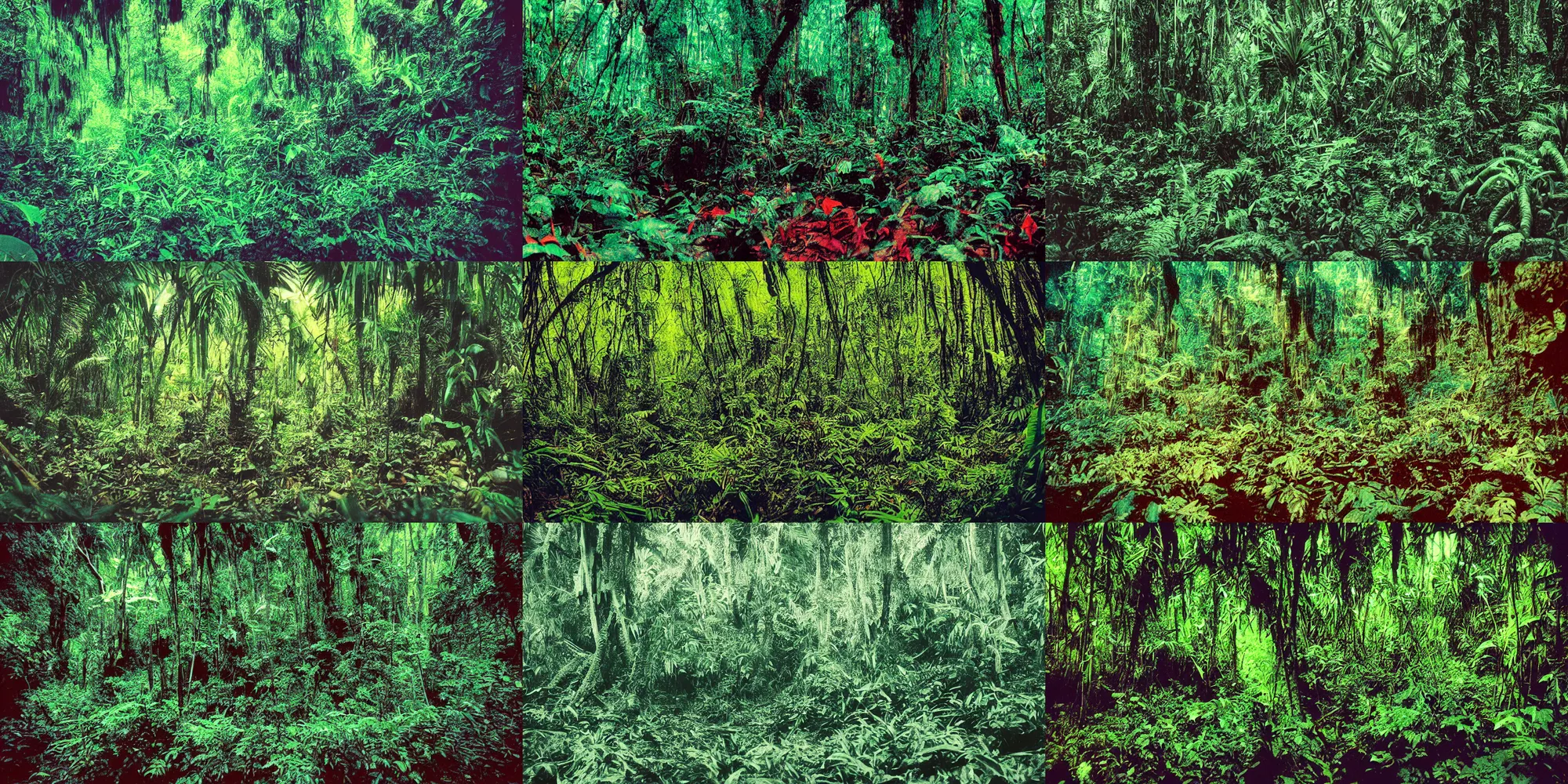 Prompt: Photograph of an alien landscape shot on a middleformat camera, jungle, vibrant color, wideangle