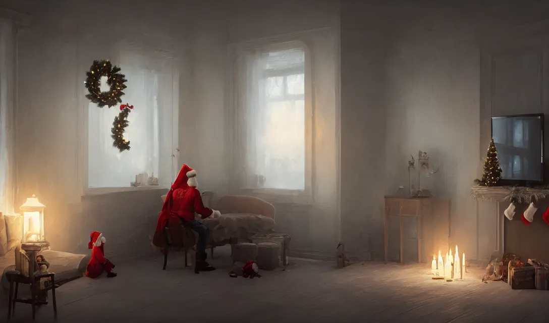 Image similar to a christmas eve photorealistic painting on the wall, home, interior, octane render, deviantart, greg rutkowski, cinematic, key art, hyperrealism