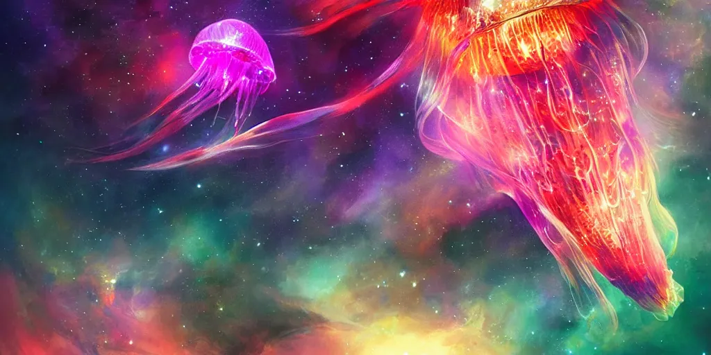 Image similar to Beautiful multi colored jellyfish in space, nebula, gorgeous, amazing, elegant, intricate, highly detailed, digital painting, artstation, concept art, sharp focus, illustration, art by Ross tran