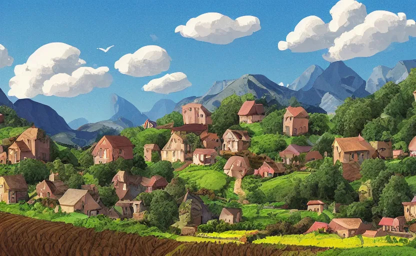 Image similar to a small village in a valley, villagers busy farming, a dragon approaching from a distance, storybook, gouache, flat, sharp edges, golden ratio, concept art, print