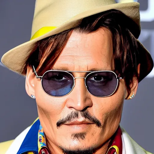 Image similar to johnny depp playing the guy with the yellow hat from curious george in real life