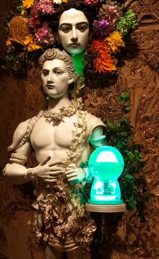 Image similar to a young handsome latino porcelain prince sculpture with a face of a CRT monitor and a large glowing orange crystal in the center of his chest, full-body bronze cyberpunk style statue of Andromeda with glowing green laser eyes, crown of mechanical chrysanthemums, flowing aqua silk, fabric, steampunk flowers. baroque elements, human hands. full-length view. baroque element. intricate artwork by caravaggio. many flying horses on background. Trending on artstation, octane render, cinematic lighting from the right, hyper realism, octane render, 8k, depth of field, 3D