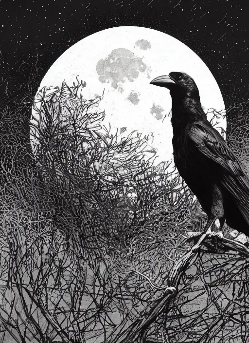 Image similar to portrait, A crow in front of the full big moon, book cover, red white and black colors, establishing shot, extremly high detail, foto realistic, cinematic lighting, pen and ink, intricate line drawings, by Yoshitaka Amano, Ruan Jia, Kentaro Miura, Artgerm, post processed, concept art, artstation, matte painting, style by eddie mendoza, raphael lacoste, alex ross