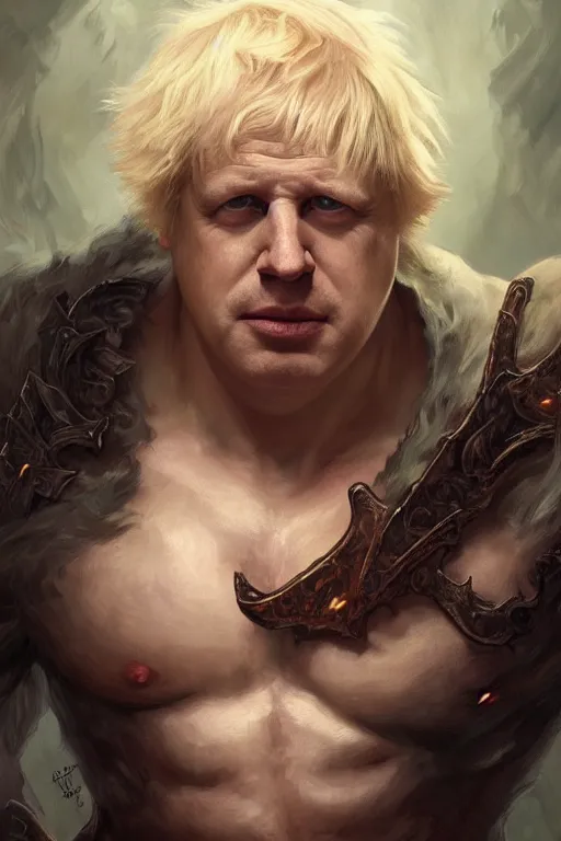 Image similar to portrait of boris johnson as a very pale hulking herculean demon, forest, godlike, full body, fantasy, intricate, elegant, highly detailed, digital painting, artstation, concept art, sharp focus, illustration, art by artgerm and greg rutkowski and alphonse mucha