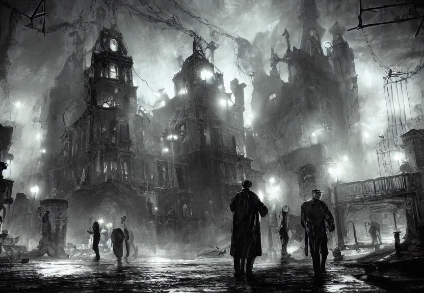 Image similar to painting of the figures of three investigators in a lovecraftian arkham city scenery, 1 9 2 0 cars, high contrast, concept art, dramatic lighting, digital art, 8 k, arkham city, call of cthulhu, extremely detailed, drawn by ruan jia