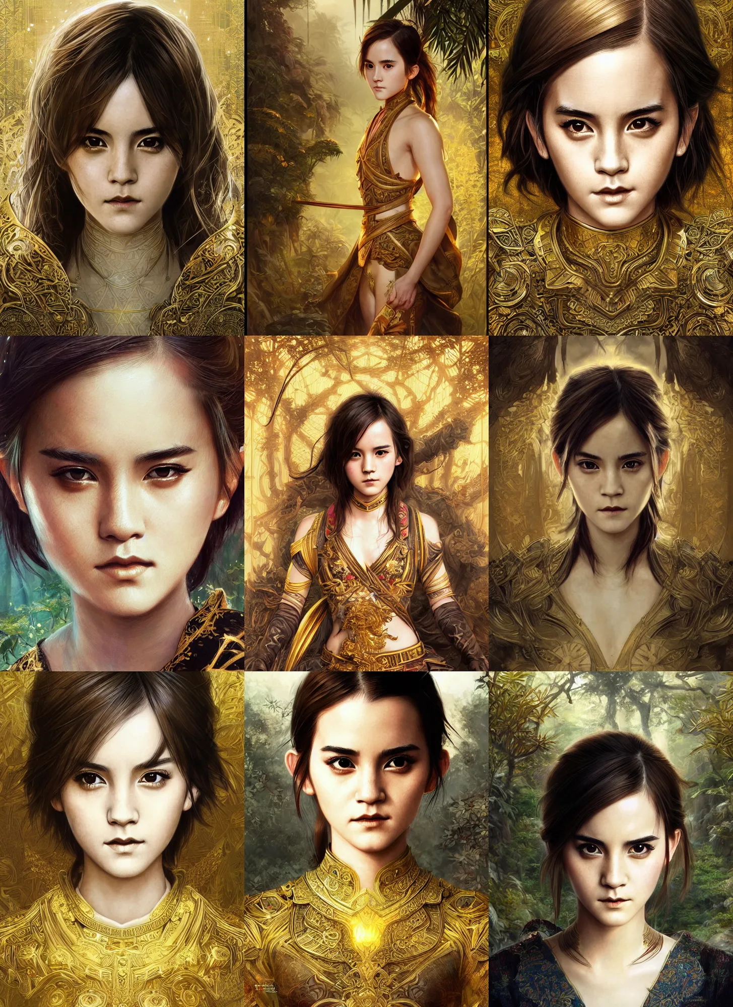 Prompt: asian japanese emma watson portrait, symmetrical front view, golden ambiance, jungle background, intricate, highly detailed, concept art, sharp focus, illustration, artgerm, ruan jia, jurgens, aleksi briclot, mucha