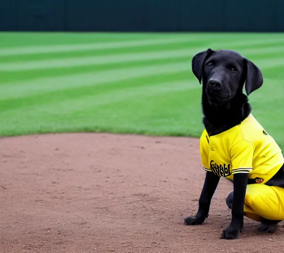 Prompt: A black labrador dog wearing a yellow and white baseball uniform, in a baseball field, sports photography