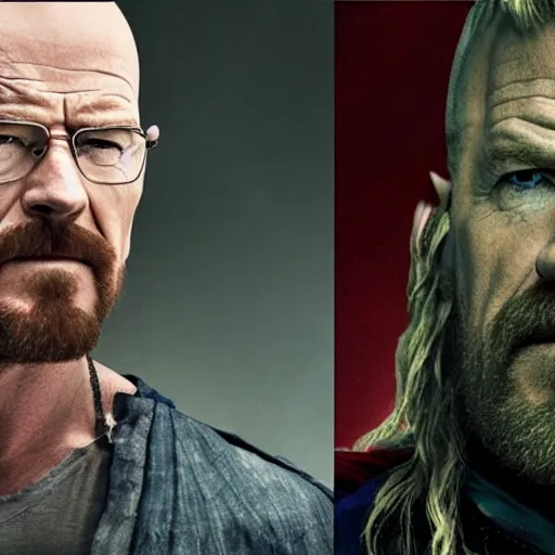 Prompt: Walter White as Chris Hemsworth as Thor, still from Thor Ragnarok