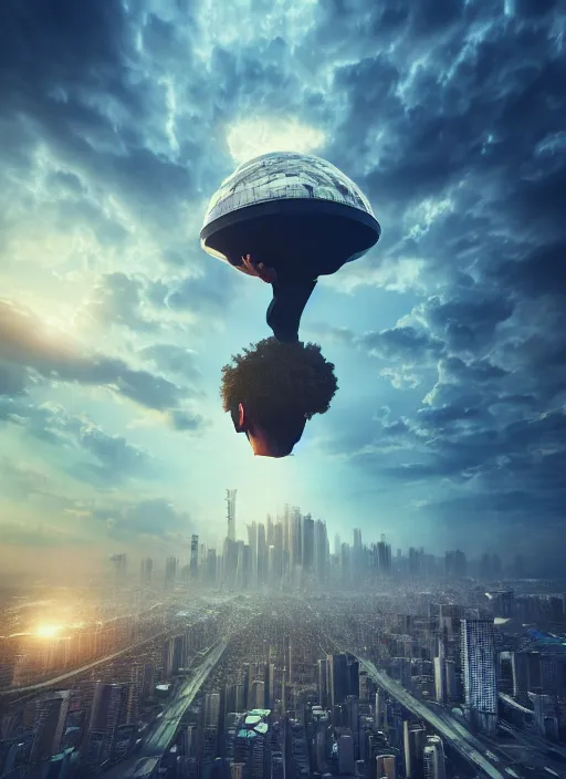 Prompt: megalophobia realistic photo of a hyper - dimensional head floating above a city, stylistic painting, dramatic lighting, dynamic composition, octane render, 4 k, 8 k