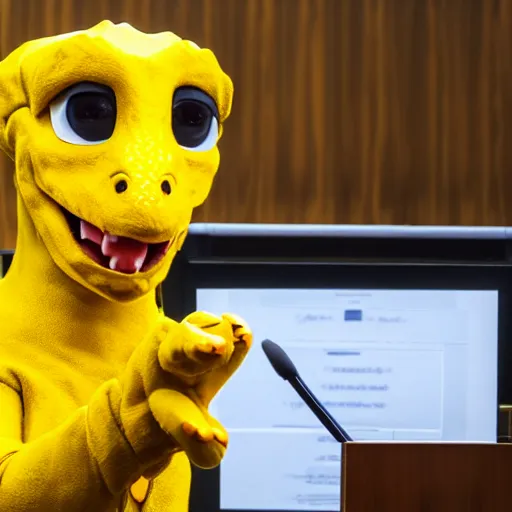 Image similar to professional photograph of an anthropomorphic yellow dinosaur wearing a suit and testifying in court, 8k, highly detailed, highly intricate, cinematic,