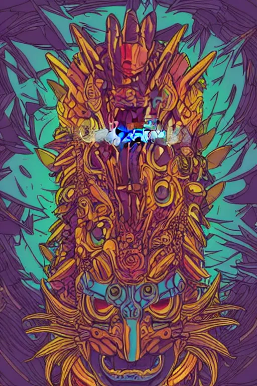 Image similar to totem animal mask tribal feather gemstone plant wood rock shaman vodoo video game vector illustration vivid color borderlands by josan gonzales and dan mumford radiating a glowing aura