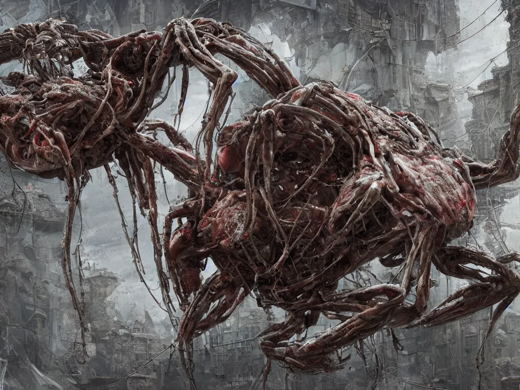 Prompt: Techno-biological meat spider panzer tank with double long barrel walks through the ruins. Consisting of tumors, veins, guts, kidneys, wires, long spider paws. Bodyhorror, biopunk, extremely high detail, ultra realistic, photorealism, concept art, octane render, view from a distance, 8k, 16k