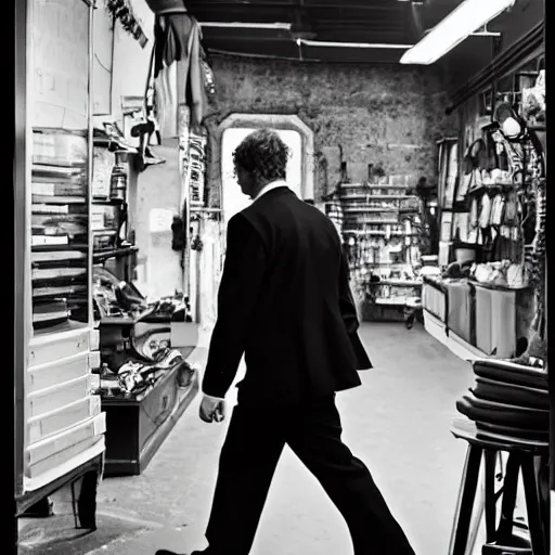 Image similar to a man wearing a black suit walking around in his shop by reg rutkowski