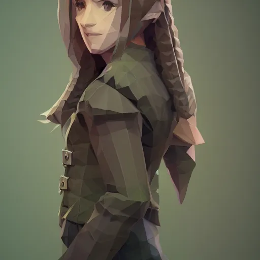 Image similar to isometric view, clean low poly, octopath traveller style, a girl, brown jacket with long sleeves, brown hair, hair down, pigtails hair, green eyes, grey background, volumetric lighting, fantasy, d & d, 4 k, trending on artstation, by greg rutkowski, blizzard warcraft, backlit, smooth