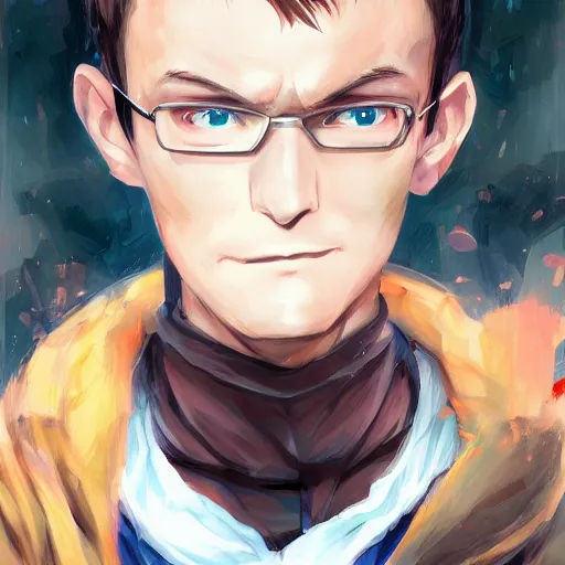 Image similar to An anime portrait of Vitalik Buterin, by Stanley Artgerm Lau, WLOP, Rossdraws, James Jean, Andrei Riabovitchev, Marc Simonetti, and Sakimichan, tranding on artstation