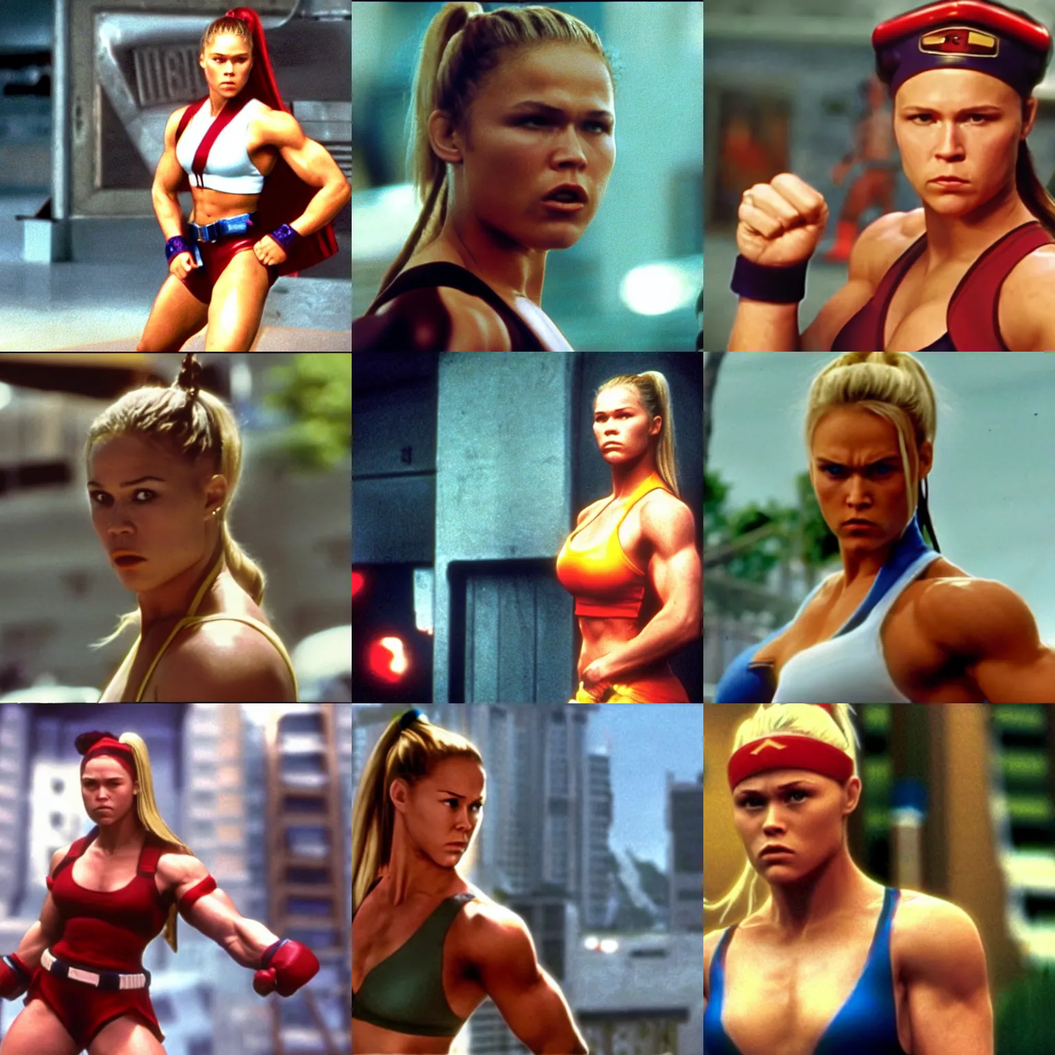 Prompt: cinematic still of Ronda Rousey as Cammy White in Street Fighter: The Movie (1995)