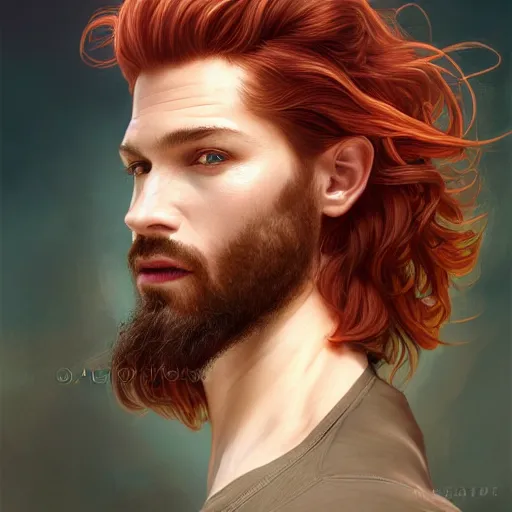 Image similar to portrait of a shark with a humanoid face, male, handsome, masculine, full body, red hair, long hair, soft hair, fantasy, intricate, elegant, highly detailed, suit, coffee shop, digital painting, artstation, concept art, character art, smooth, sharp focus, illustration, art by artgerm and greg rutkowski and alphonse mucha