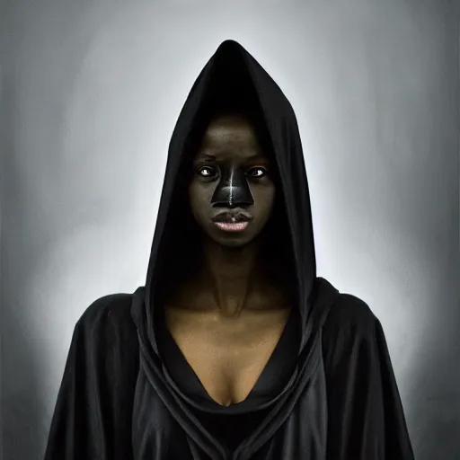 Image similar to a portrait of a young black woman wearing a long dark cloak, hood and shadows covering face, anatomically correct, beautiful perfect face, enigmatic, oil painting, matte painting, black background, Volumetric Golden dappled dynamic lighting, Highly Detailed, Cinematic Lighting, Unreal Engine, 8k, HD, by Beksinski